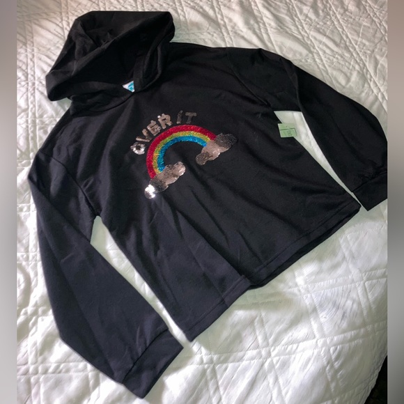 EXPRESS ME “OVER IT” Black Pull over hoodie w/ shiny sequence sz:10-12 girls 🌈 - Picture 3 of 8
